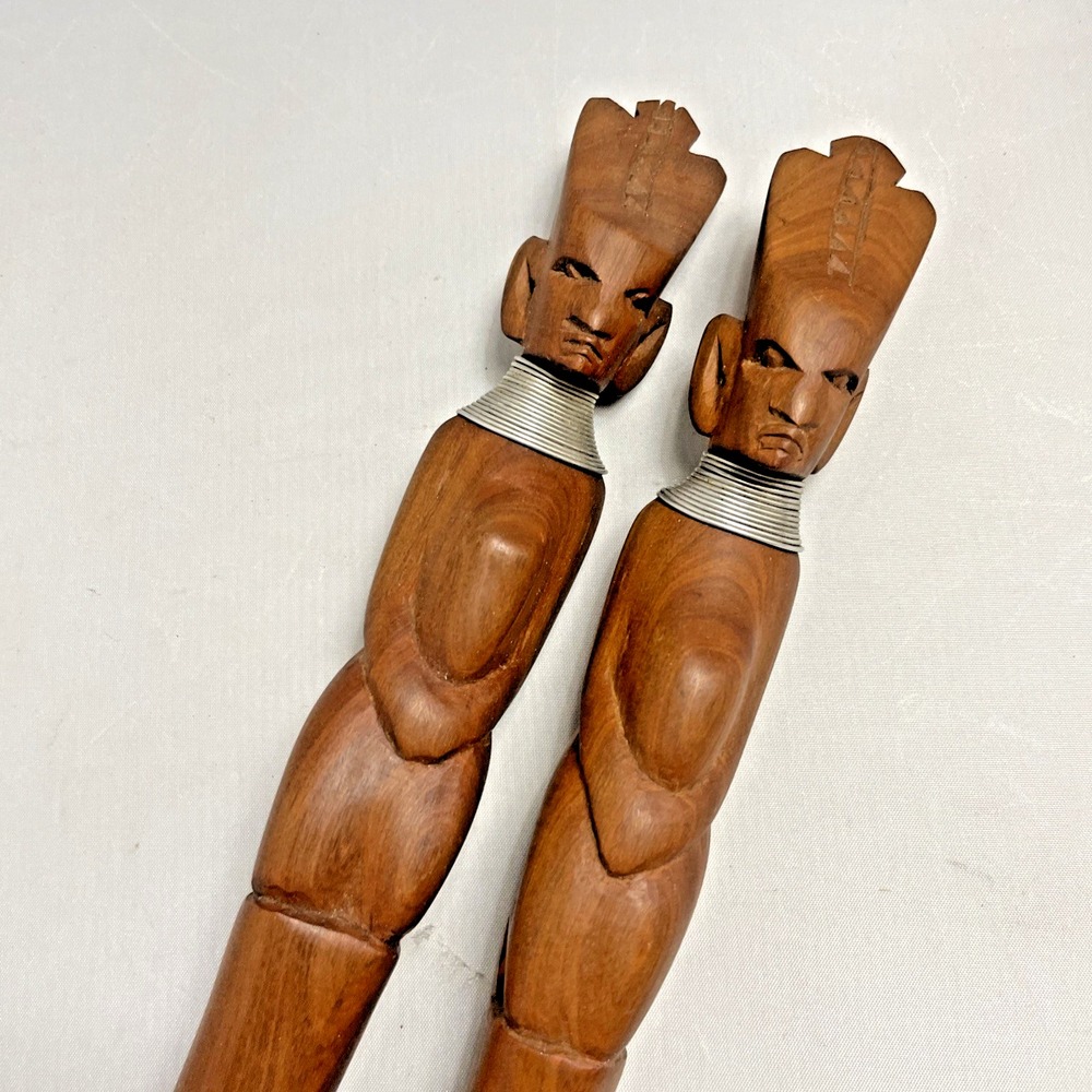 Vintage‎ African Carved Wood Figural Fork Spoon Salad Server Repro Folk Art Set